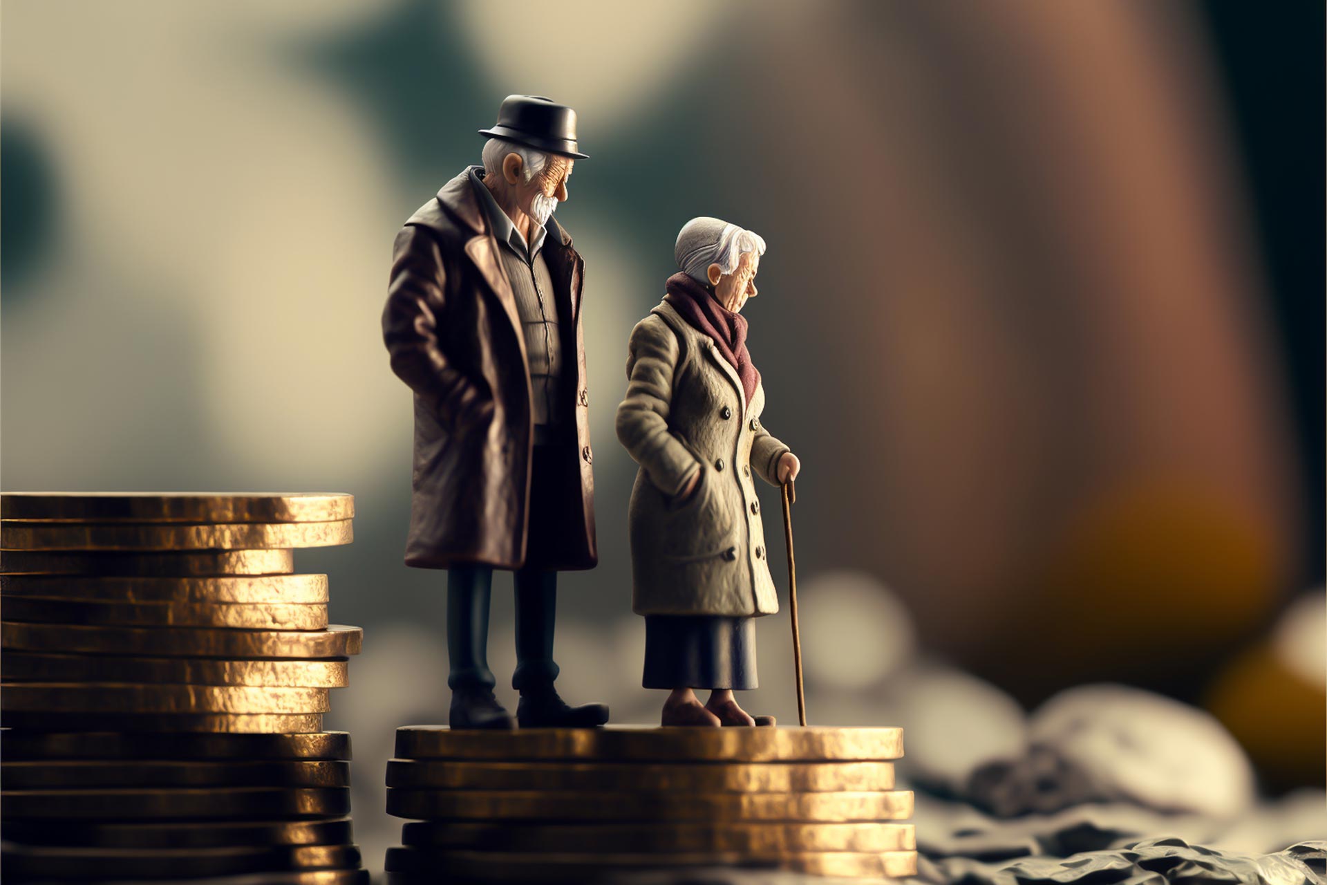 Bild von zwei Figuren von einem alten Ehepaar auf einem Stapel von Münzen