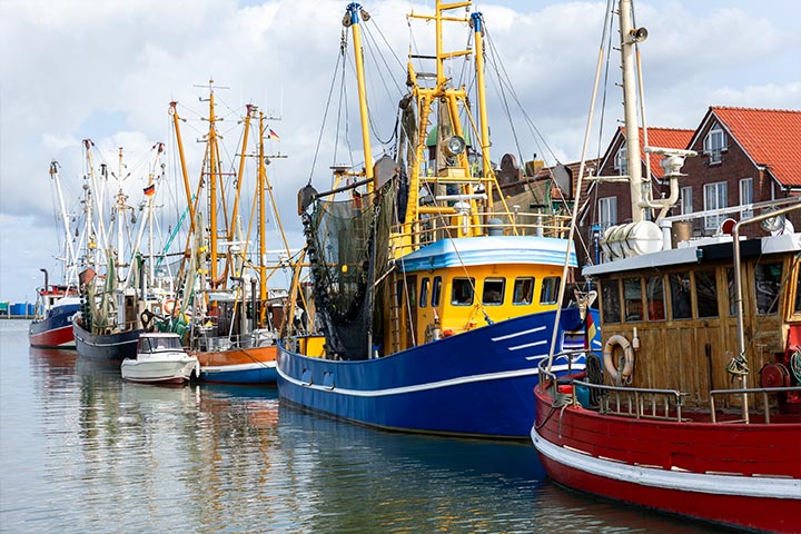 Bunte alte Holzschiffe im Hafen hintereinander an Anker gelegt